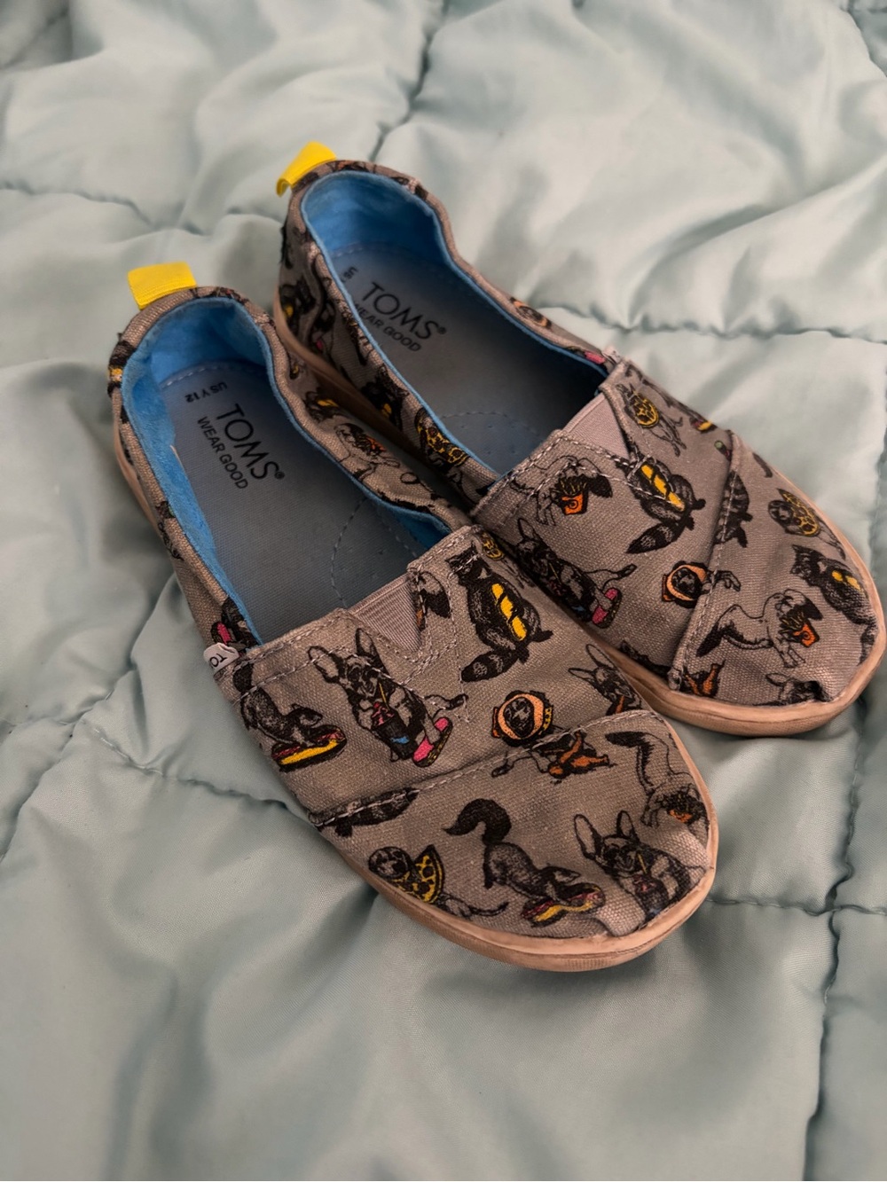 TOMS Kids Grey Canvas Slip-Ons with Dog Pattern and Yellow Heel Tab